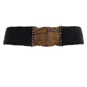 Black Boho Beaded Stretch Belt with Wood Clasp